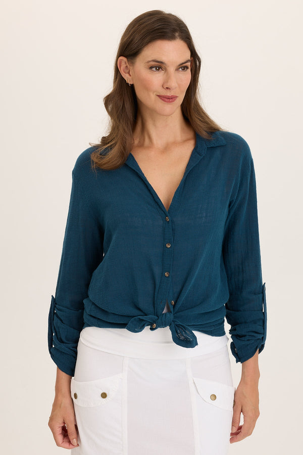 Porter Gauze Curved Hem Button-Up Top