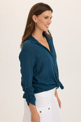 Porter Gauze Curved Hem Button-Up Top