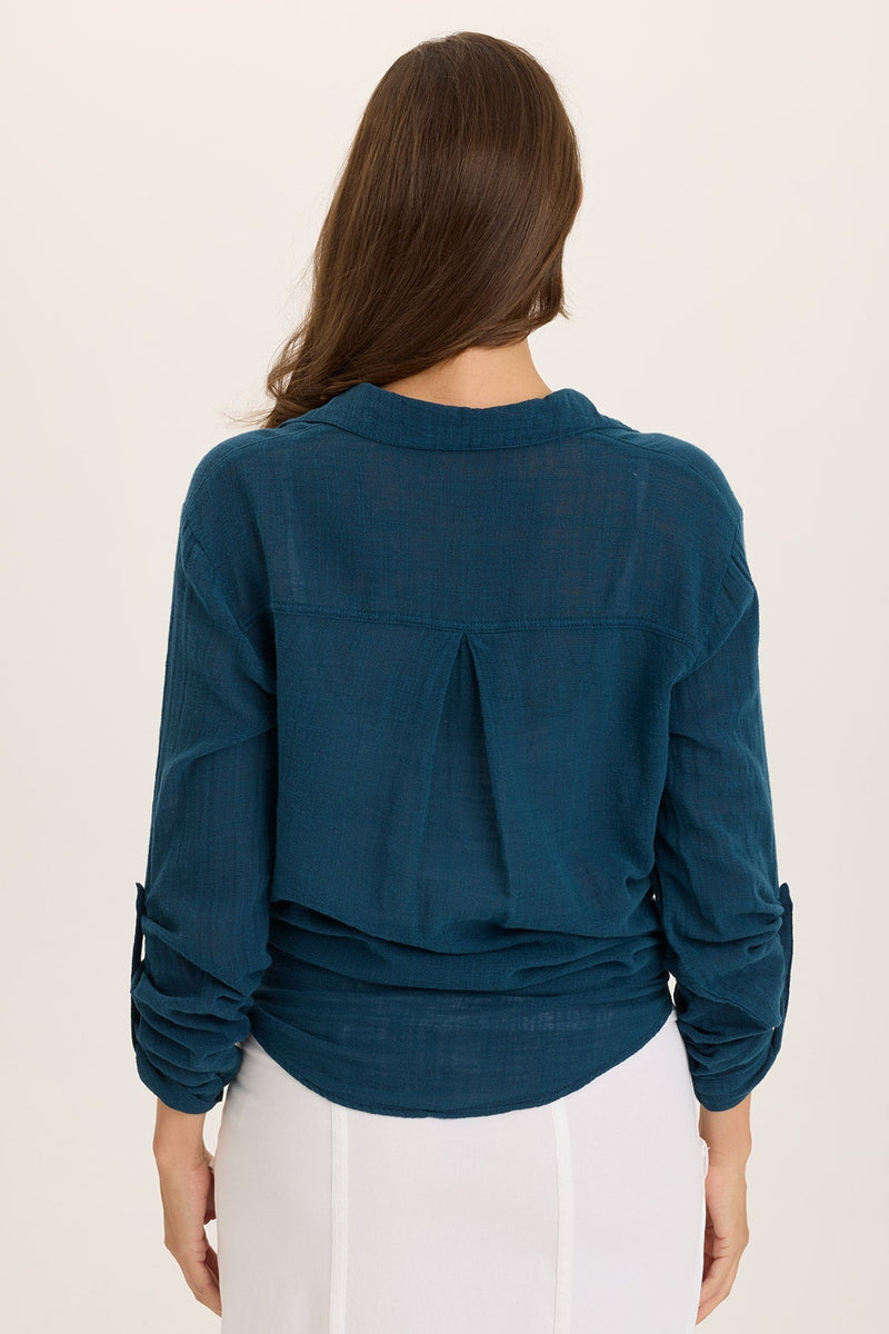 Porter Gauze Curved Hem Button-Up Top