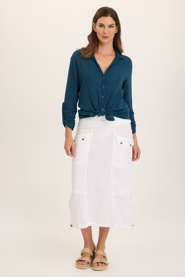 Porter Gauze Curved Hem Button-Up Top
