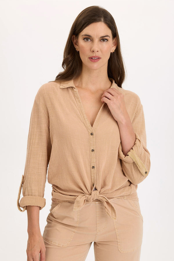 Porter Gauze Curved Hem Button-Up Top