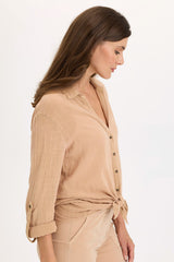 Porter Gauze Curved Hem Button-Up Top