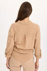 Porter Gauze Curved Hem Button-Up Top