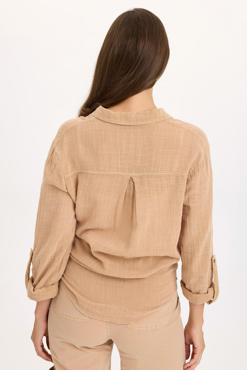 Porter Gauze Curved Hem Button-Up Top