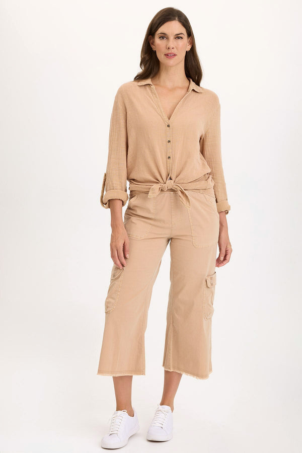Porter Gauze Curved Hem Button-Up Top