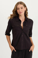Arvin Perforated Poplin + Jersey Tabbed 3/4-Sleeve Snap-Up Top