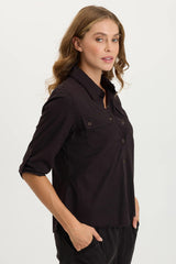 Arvin Perforated Poplin + Jersey Tabbed 3/4-Sleeve Snap-Up Top