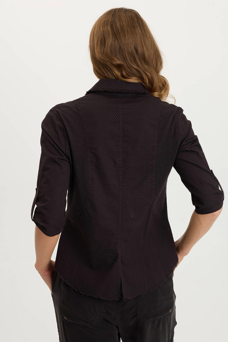 Arvin Perforated Poplin + Jersey Tabbed 3/4-Sleeve Snap-Up Top