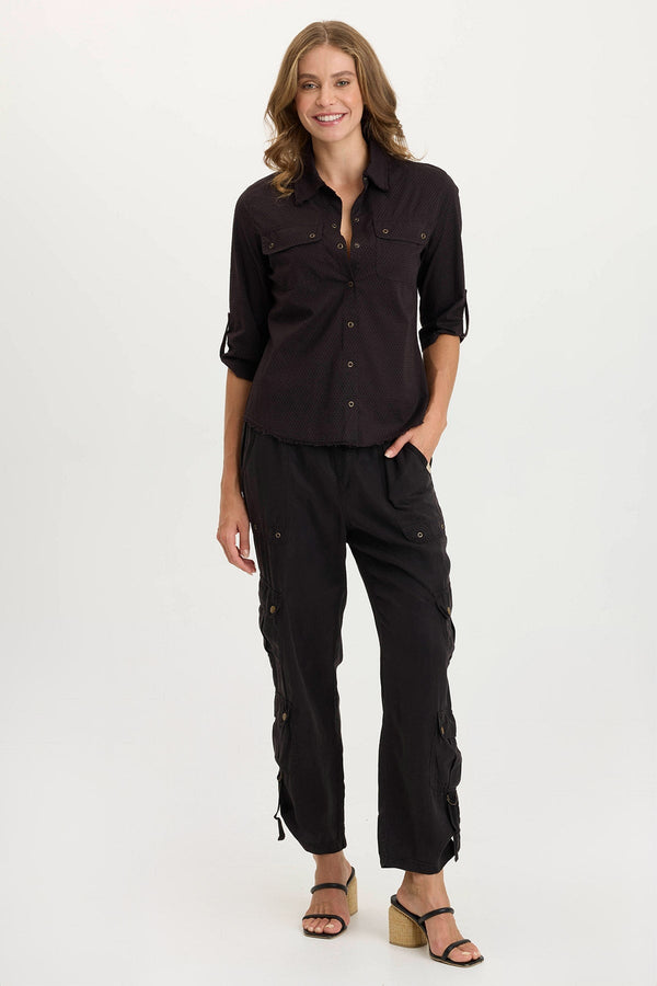 Arvin Perforated Poplin + Jersey Tabbed 3/4-Sleeve Snap-Up Top