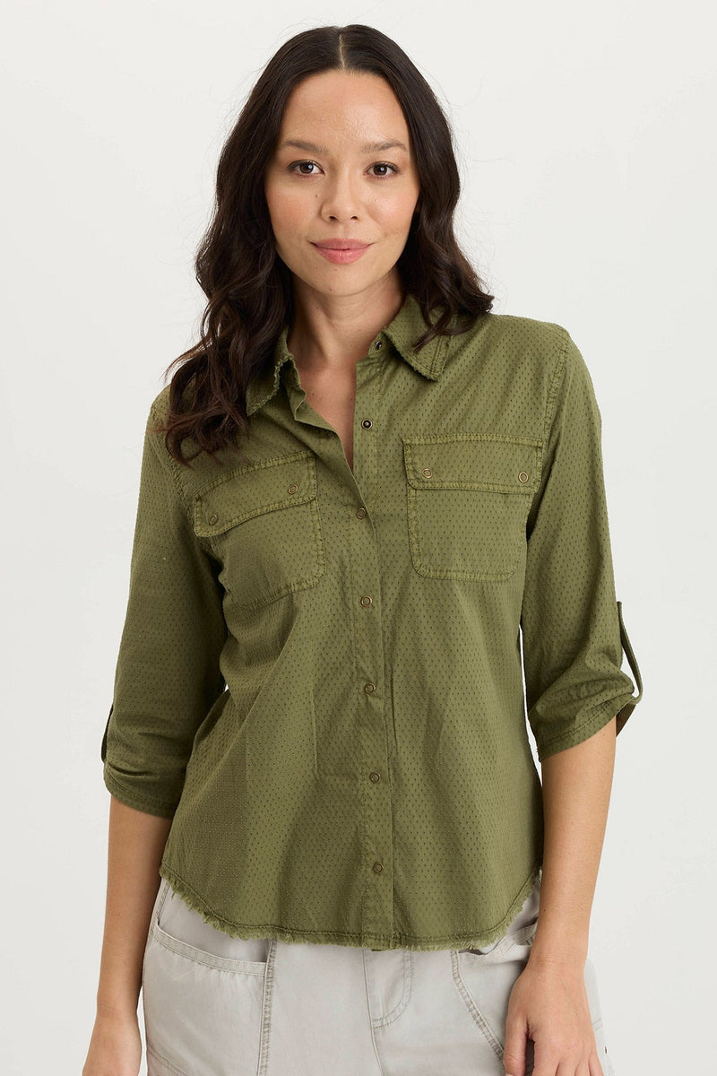 Arvin Perforated Poplin + Jersey Tabbed 3/4-Sleeve Snap-Up Top