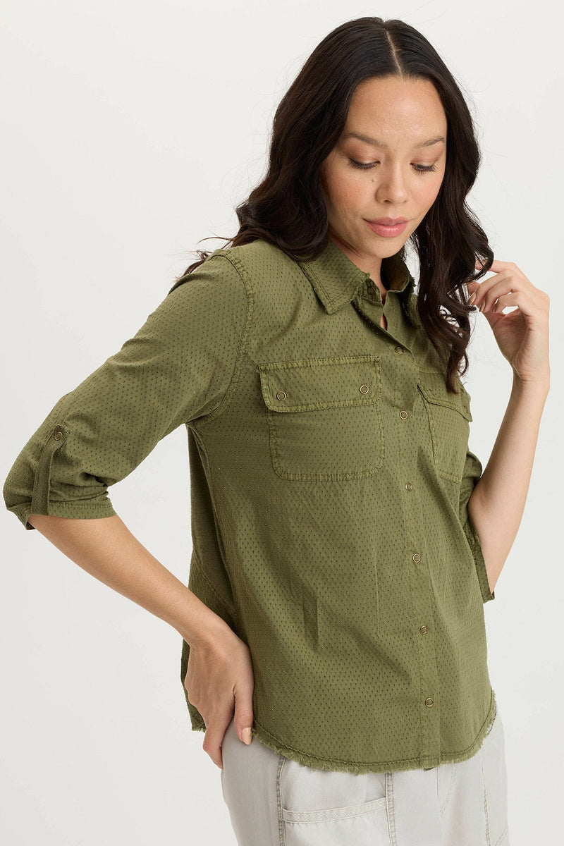 Arvin Perforated Poplin + Jersey Tabbed 3/4-Sleeve Snap-Up Top