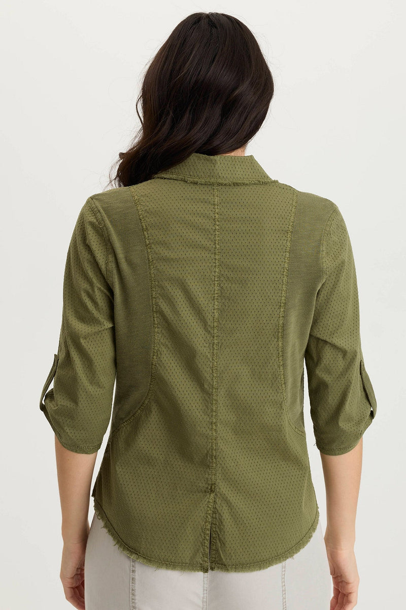 Arvin Perforated Poplin + Jersey Tabbed 3/4-Sleeve Snap-Up Top