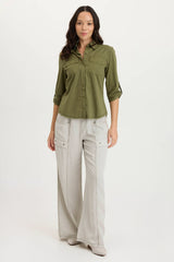 Arvin Perforated Poplin + Jersey Tabbed 3/4-Sleeve Snap-Up Top