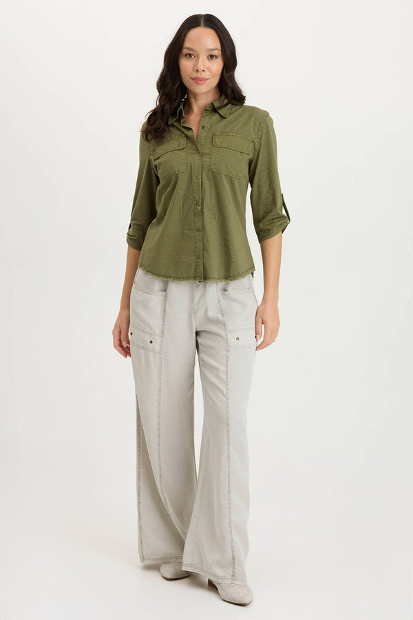 Arvin Perforated Poplin + Jersey Tabbed 3/4-Sleeve Snap-Up Top