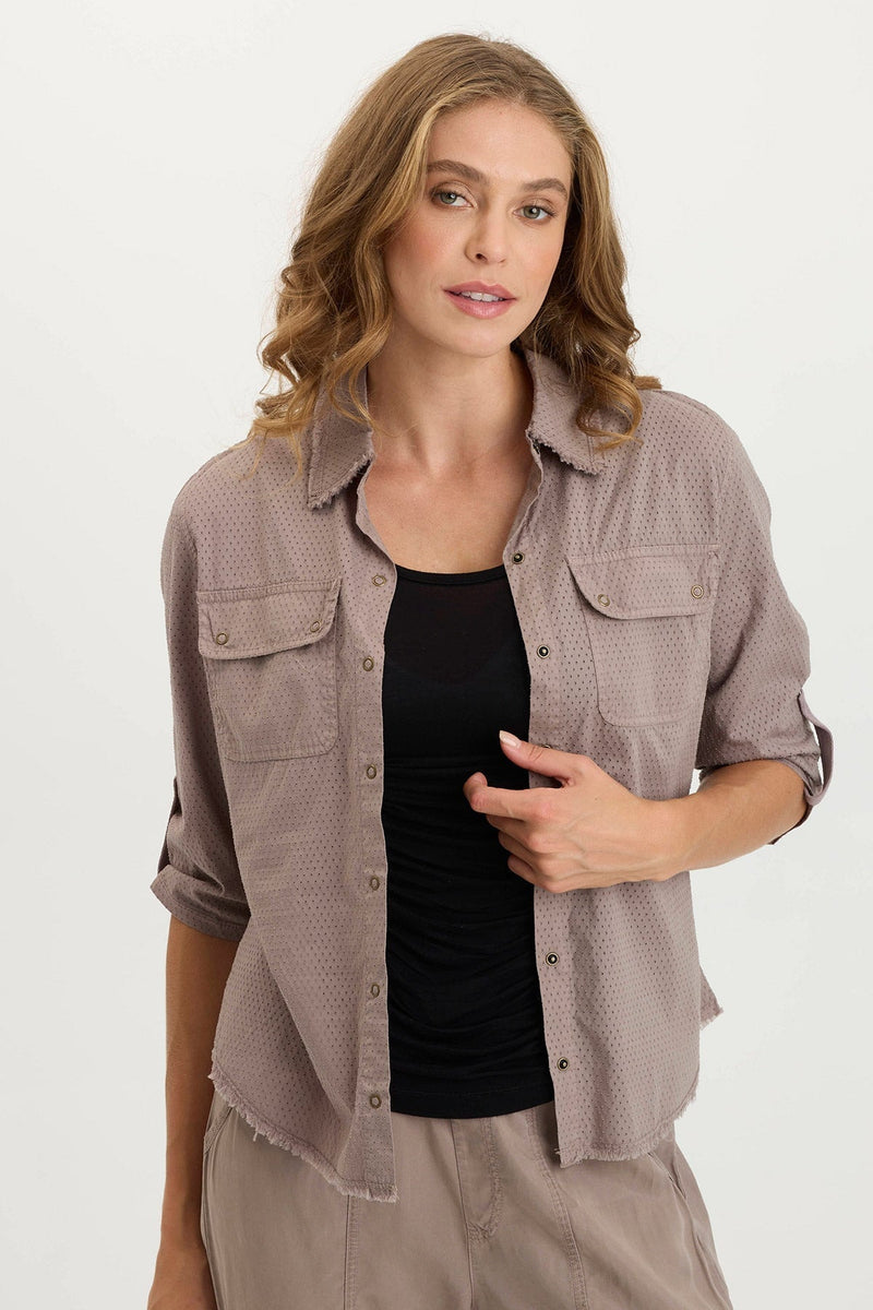Arvin Perforated Poplin + Jersey Tabbed 3/4-Sleeve Snap-Up Top