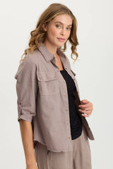 Arvin Perforated Poplin + Jersey Tabbed 3/4-Sleeve Snap-Up Top
