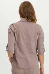 Arvin Perforated Poplin + Jersey Tabbed 3/4-Sleeve Snap-Up Top