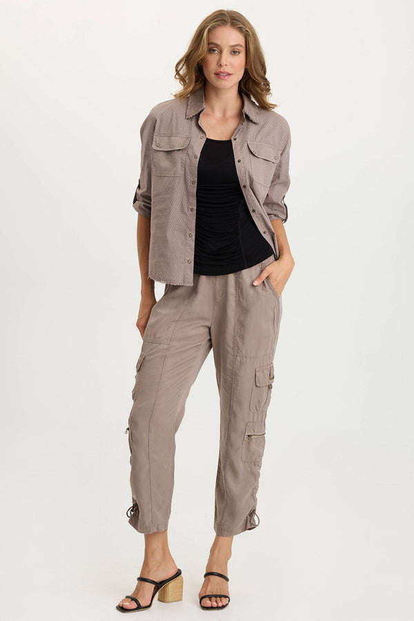 Arvin Perforated Poplin + Jersey Tabbed 3/4-Sleeve Snap-Up Top