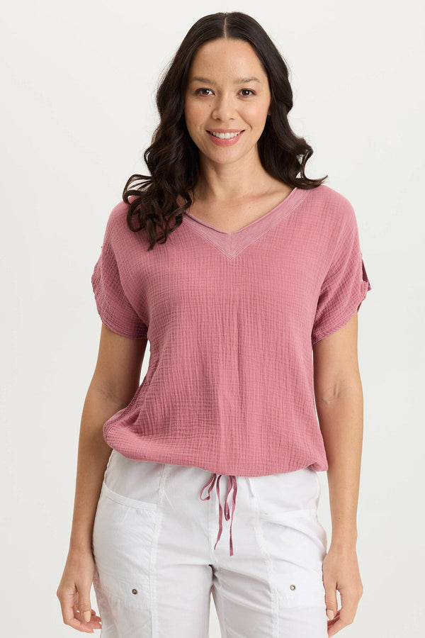Bower Gauze/Jersey Tabbed-Sleeve Bubble-Hem V-Neck Tee