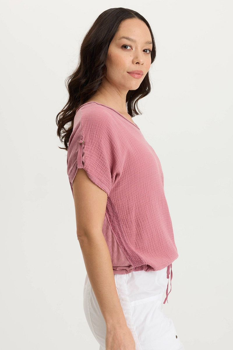 Bower Gauze/Jersey Tabbed-Sleeve Bubble-Hem V-Neck Tee