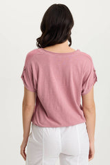 Bower Gauze/Jersey Tabbed-Sleeve Bubble-Hem V-Neck Tee