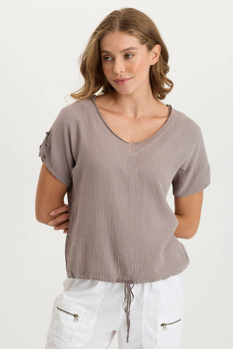 Bower Gauze/Jersey Tabbed-Sleeve Bubble-Hem V-Neck Tee