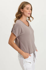 Bower Gauze/Jersey Tabbed-Sleeve Bubble-Hem V-Neck Tee