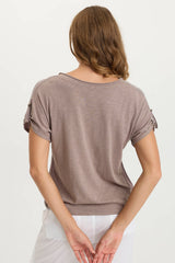 Bower Gauze/Jersey Tabbed-Sleeve Bubble-Hem V-Neck Tee