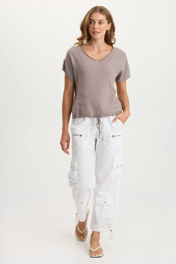 Bower Gauze/Jersey Tabbed-Sleeve Bubble-Hem V-Neck Tee