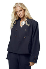 Emmie Double Breasted Linen Blazer in Navy